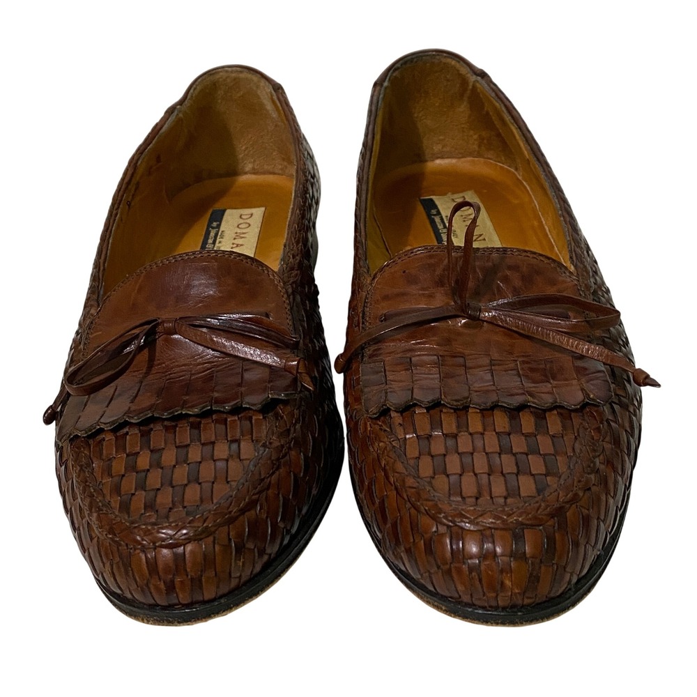 Vtg 90s Domani Johnston & Murphy Woven Leather Kiltie Loafers Brown Italy 7 M